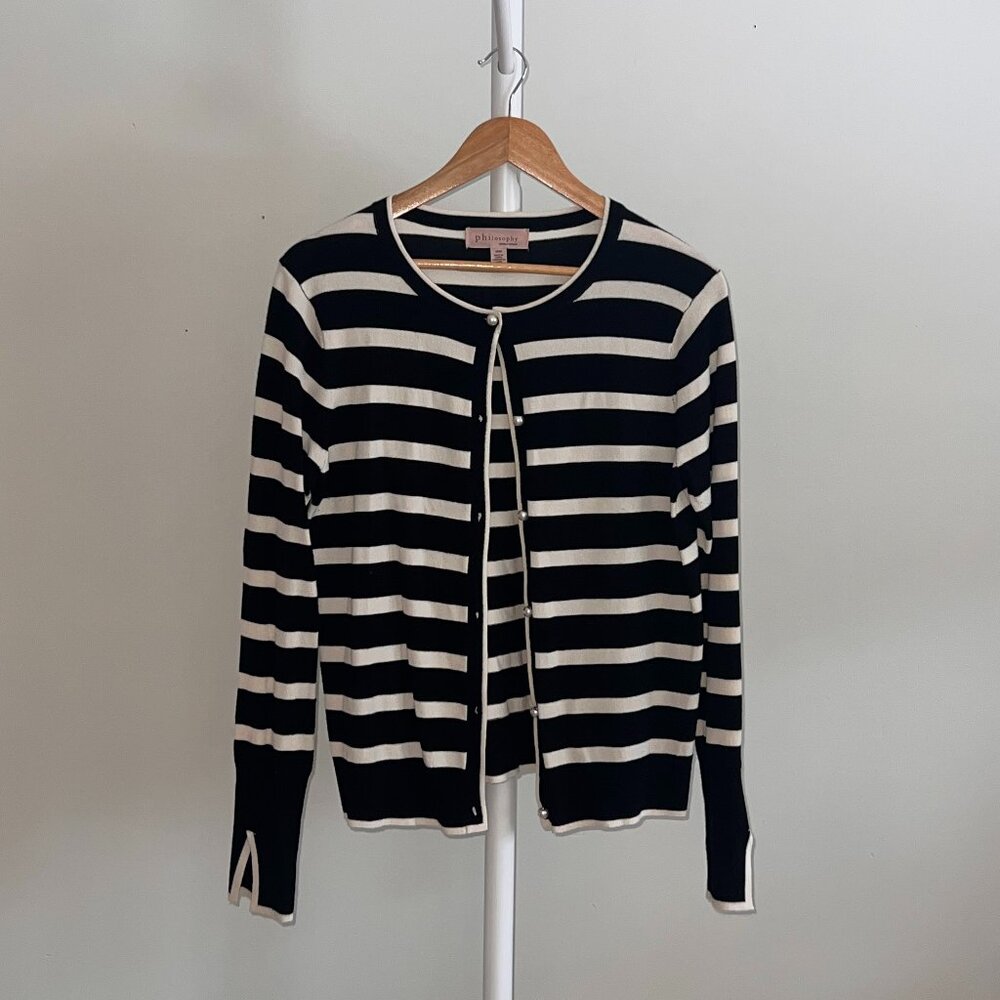 Black & White Striped Cardigan – Pearl Buttons, Slit Sleeves